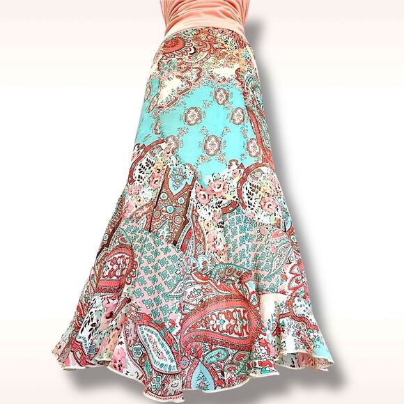 Y2K Teal Green Paisley Boho Skirt Asym Hem Rayon Elastic Waist Size M - Picture 1 of 8